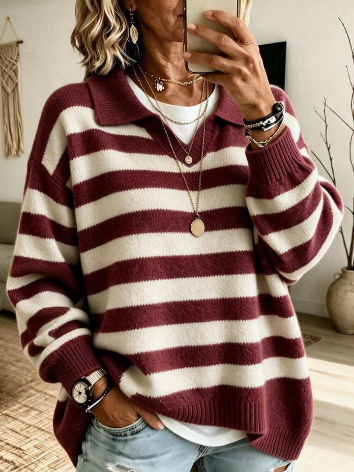 Sorvienne Relaxed Collared Striped Jumper in Burgundy Stripe