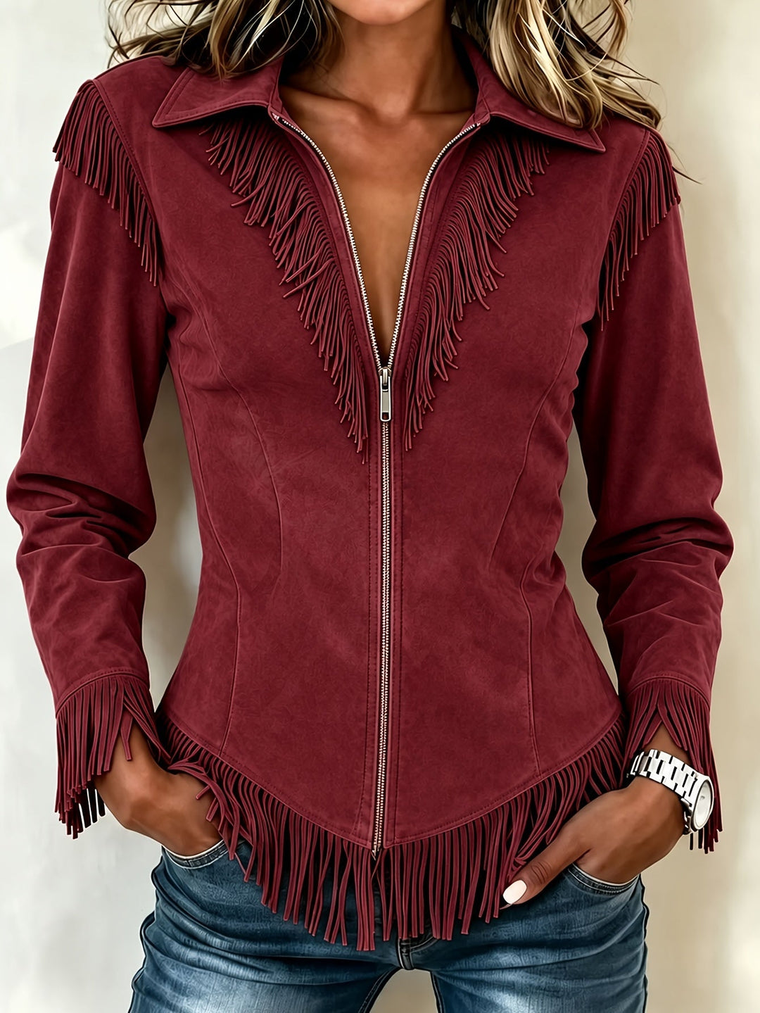 Sorvienne Slim Faux Suede Fringe Jacket in Burgundy