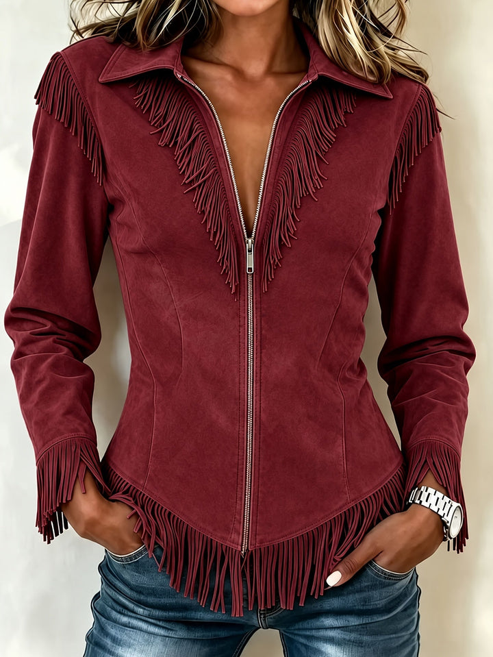 Sorvienne Slim Faux Suede Fringe Jacket in Burgundy