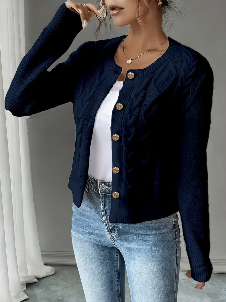 Sorvienne Cropped Cable Knit Cardigan in Navy