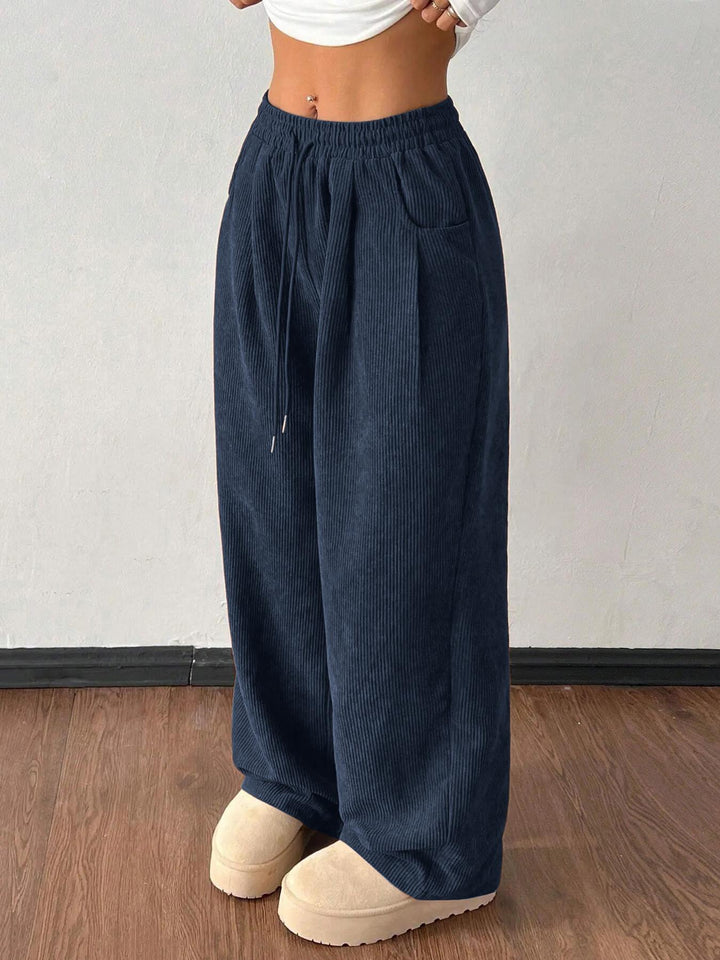 Sorvienne Relaxed Drawstring Wide Leg Cord Trousers in Navy