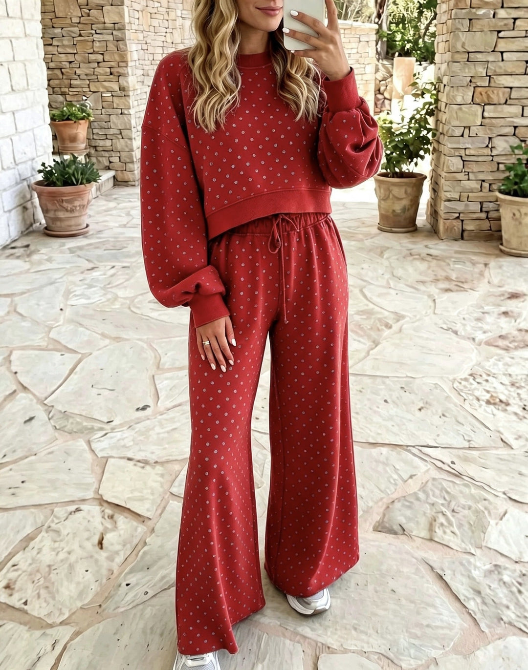 Sorvienne Relaxed Textured Wide Leg Knit Co-ord Set in Red