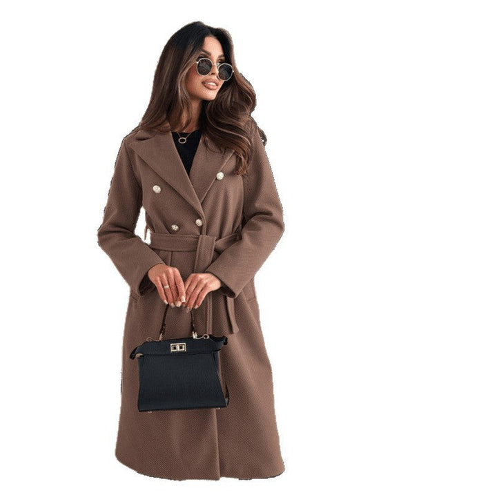 Sorvienne Tailored Double Breasted Belted Coat in Brown