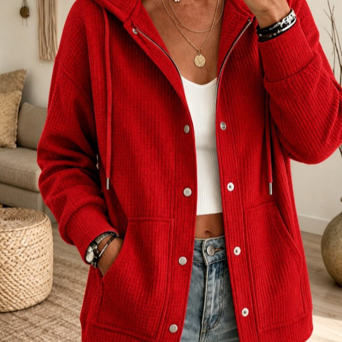 Sorvienne Relaxed Waffle Knit Hooded Cardigan in Red