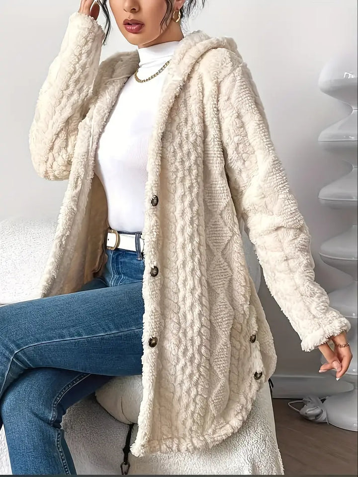 Sorvienne Relaxed Cable Texture Hooded Fleece Cardigan in Cream