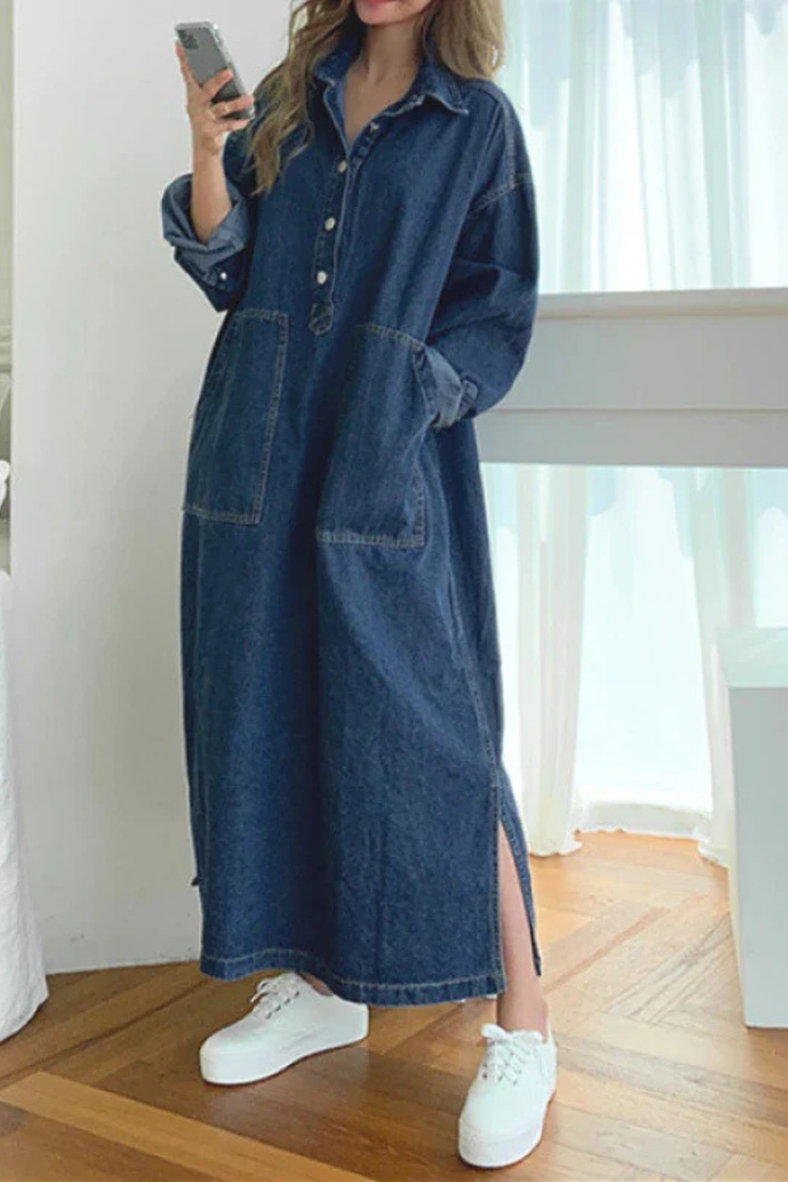 Sorvienne Women's Oversized Denim Maxi Dress with Pockets