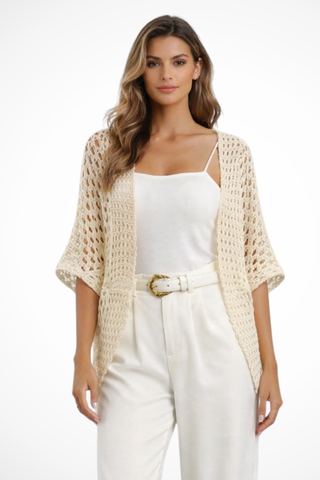 Sorvienne Women's Short Sleeve Crochet Cardigan in Apricot
