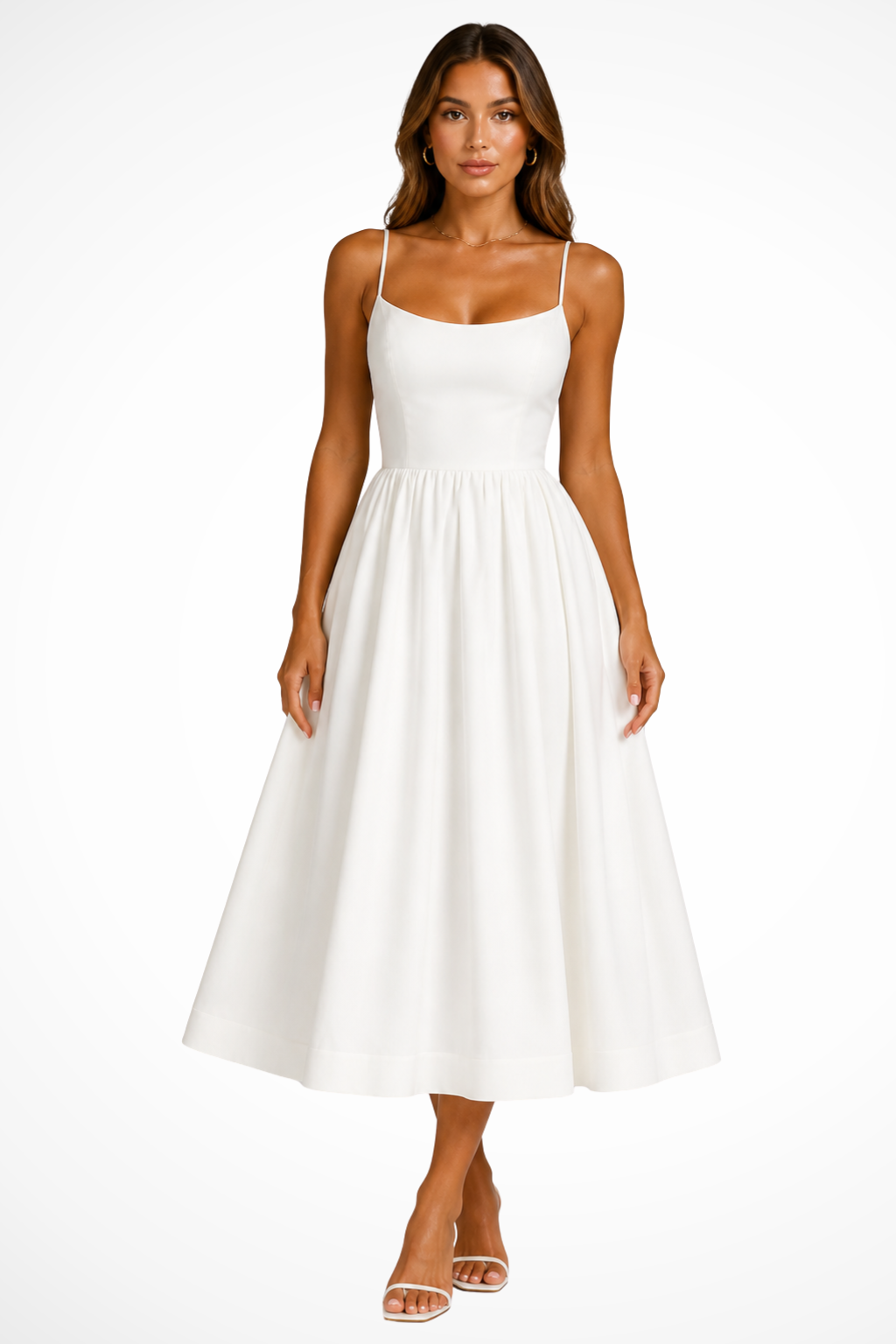 White Women's Square Neck Flared Cami Midi Dress – Sorvienne
