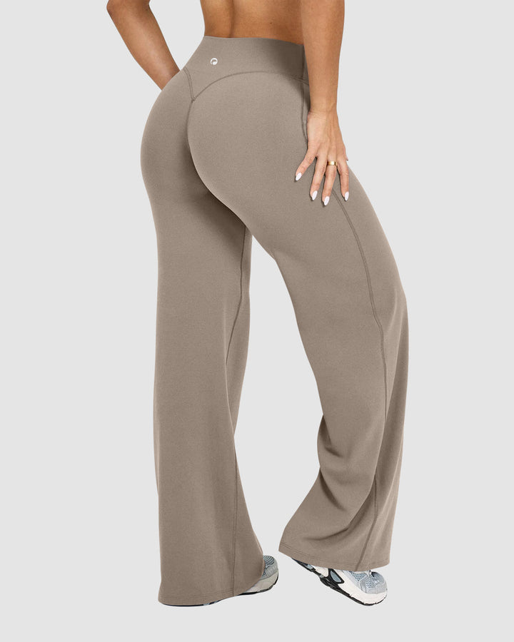 Sorvienne Relaxed High Waisted Flared Leggings in Taupe