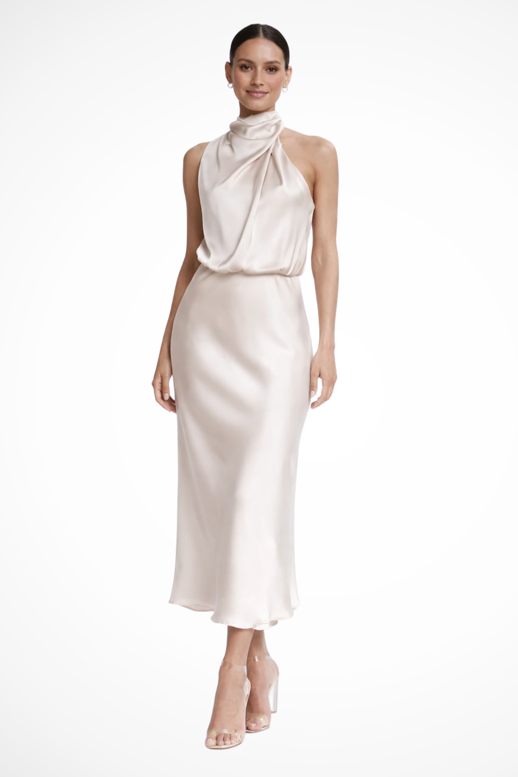 Sorvienne Women's Satin Halter Neck Midi Dress in Champagne