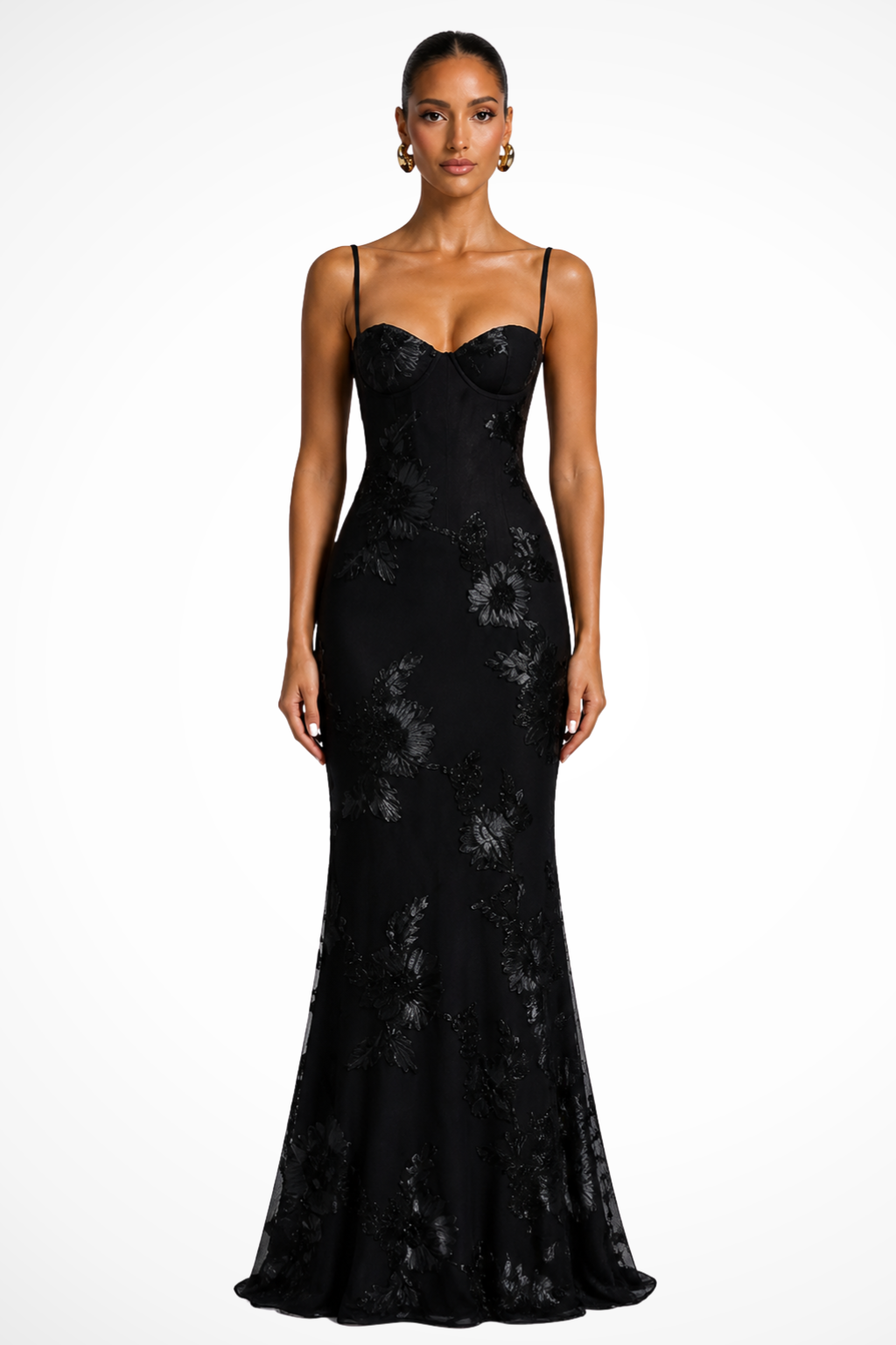 Black Women's Floral Embroidered Corset Maxi Dress – Sorvienne