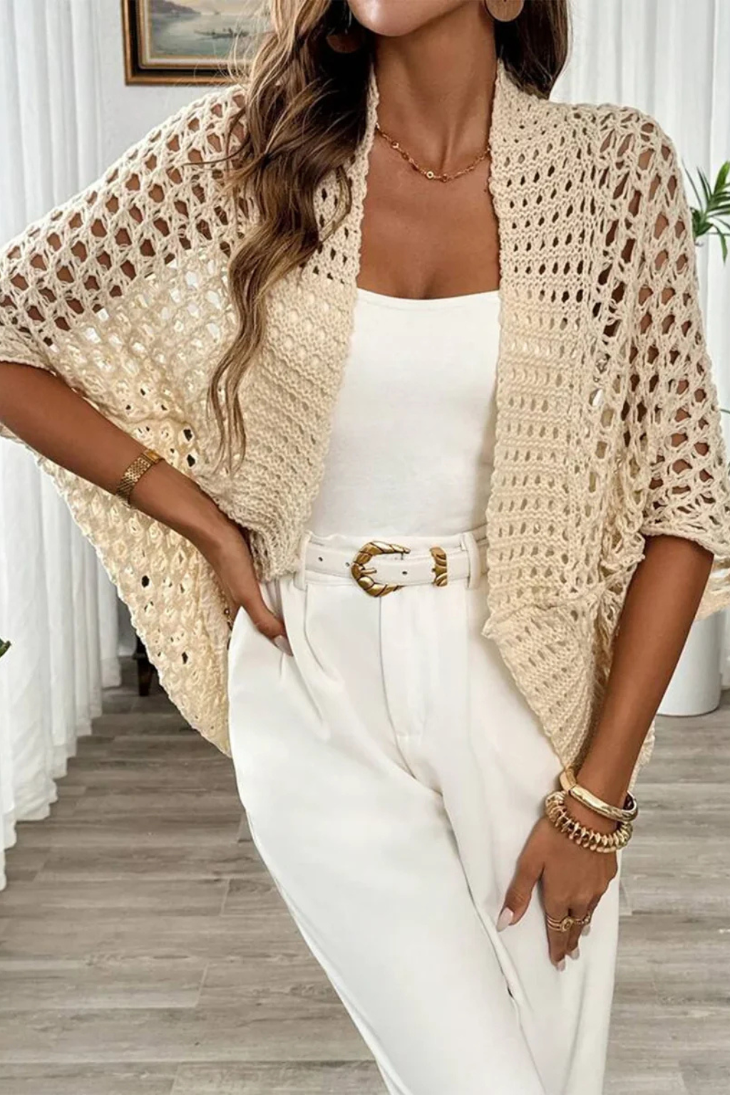 Sorvienne Women's Short Sleeve Crochet Cardigan