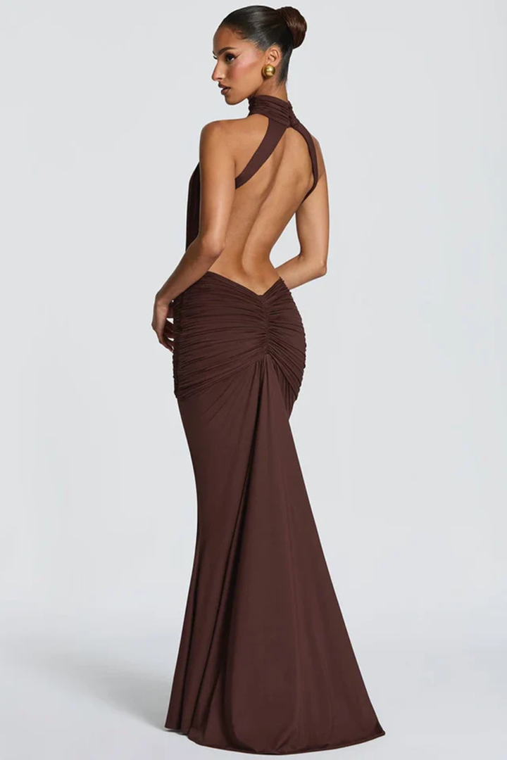 Sorvienne Women's High Neck Backless Ruched Maxi Dress