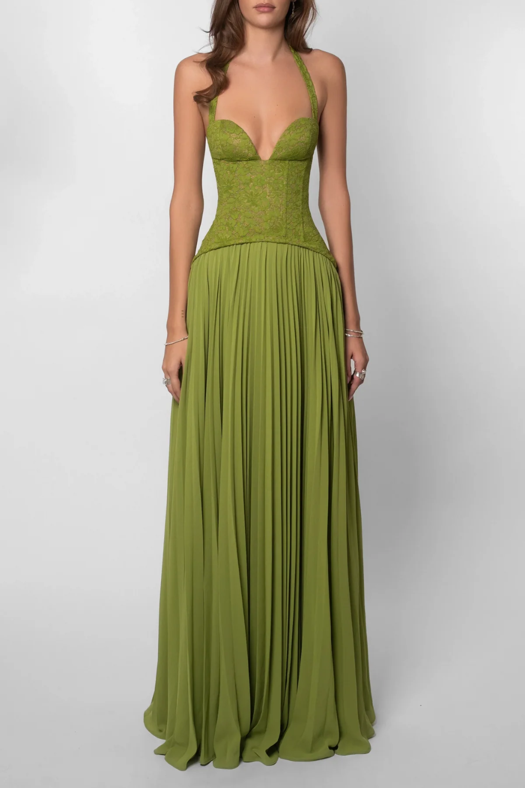 Sorvienne Halter Lace Corset Flowing Maxi Dress