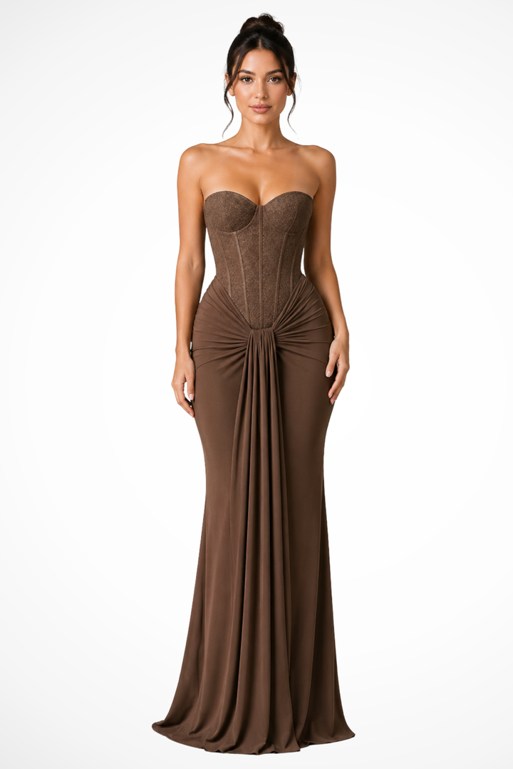 Sorvienne Women's Lace Corset Strapless Draped Maxi Dress in Brown