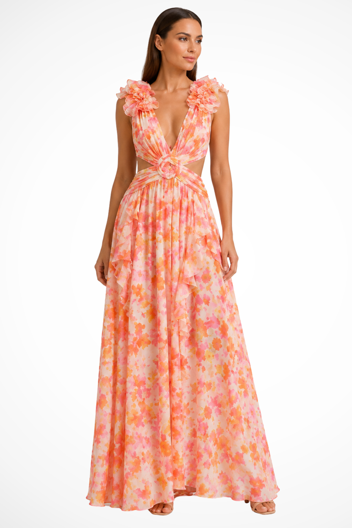 Sorvienne Floral Ruffle V-Neck Flowing Maxi Dress in Orange