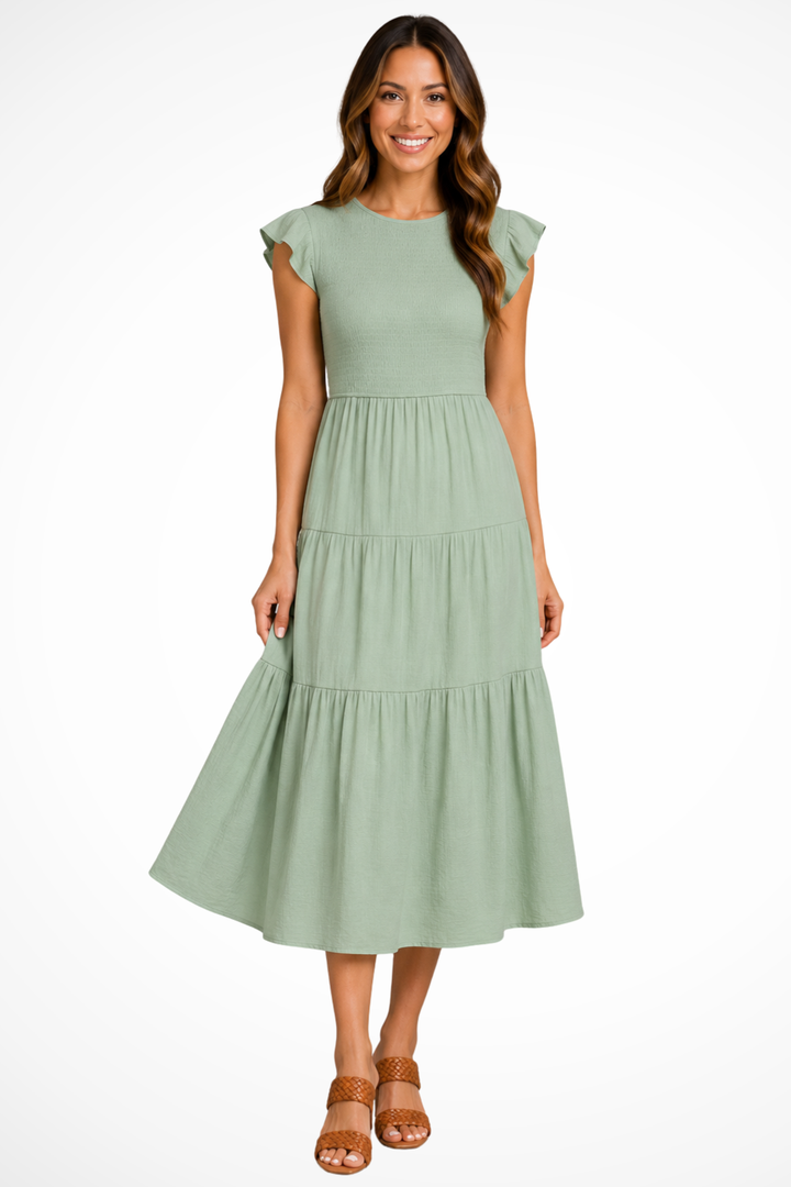 Sorvienne Shirred Tiered Relaxed Midi Dress in Light green