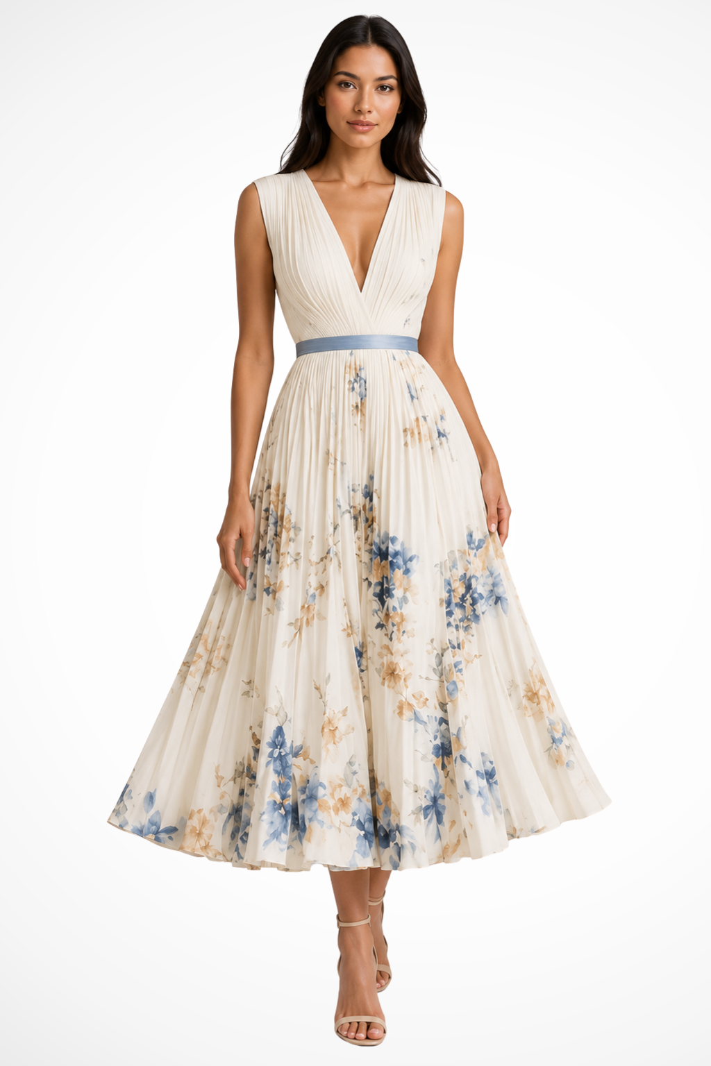 Sorvienne Floral Pleated V-Neck Occasion Midi Dress in Beige