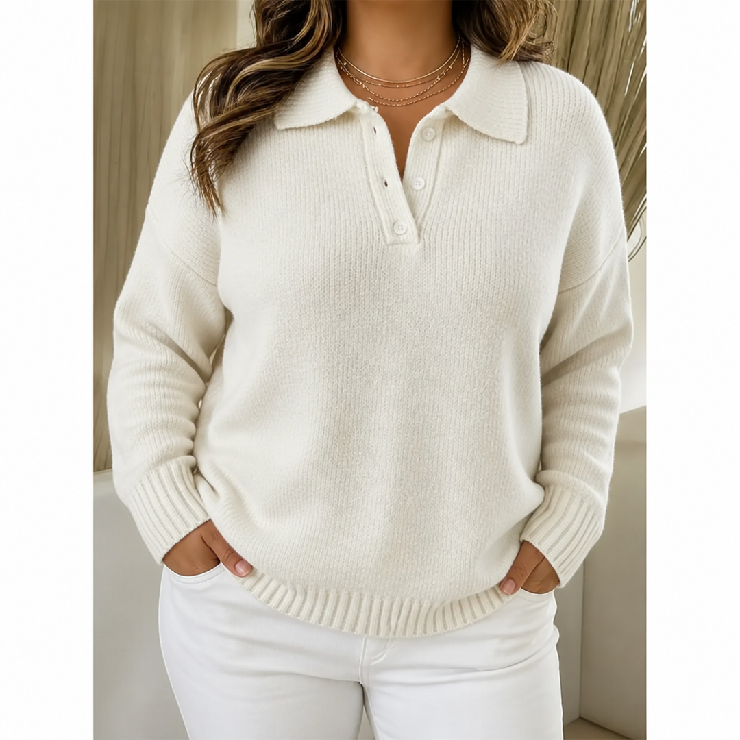 Sorvienne Relaxed Button Placket Polo Collar Jumper in Cream