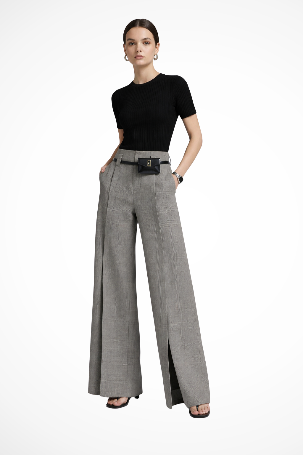 Sorvienne Women's Tailored Wide Leg Trousers in Grey