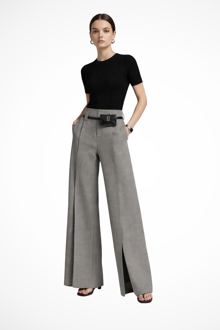 Sorvienne Women's Tailored Wide Leg Trousers in Grey