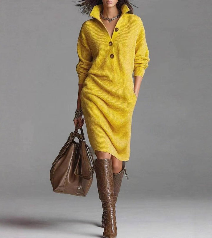 Sorvienne Relaxed Collared Knit Jumper Dress in Mustard