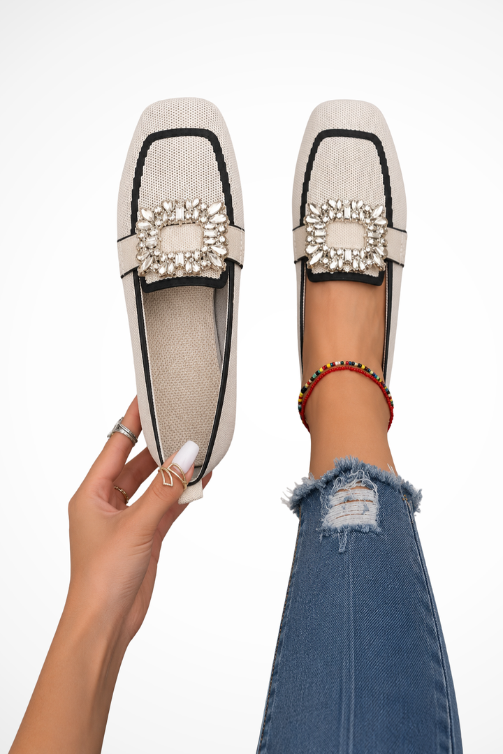 Sorvienne Embellished Square Toe Orthopaedic Loafers in Beige