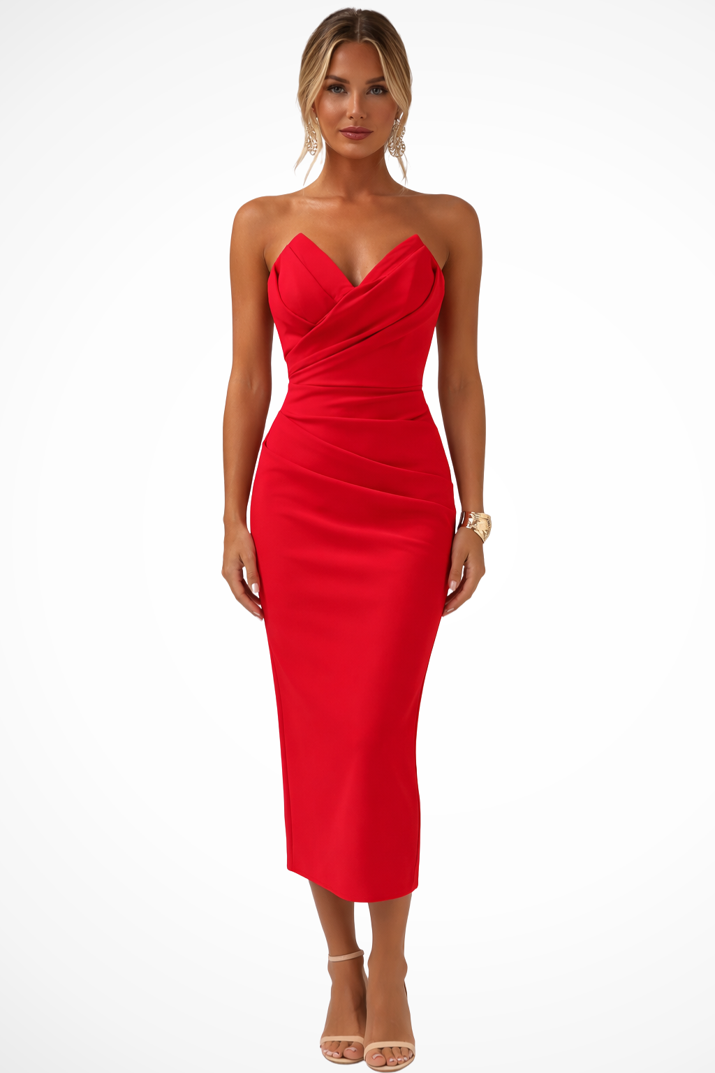 Sorvienne Women's Strapless Sweetheart Ruched Midi Dress in Red