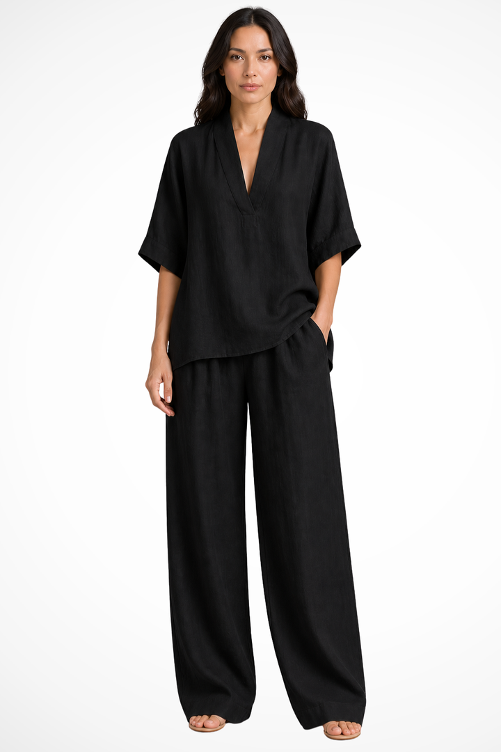 Sorvienne Women's Linen Wide Leg Co-Ord Set in Black