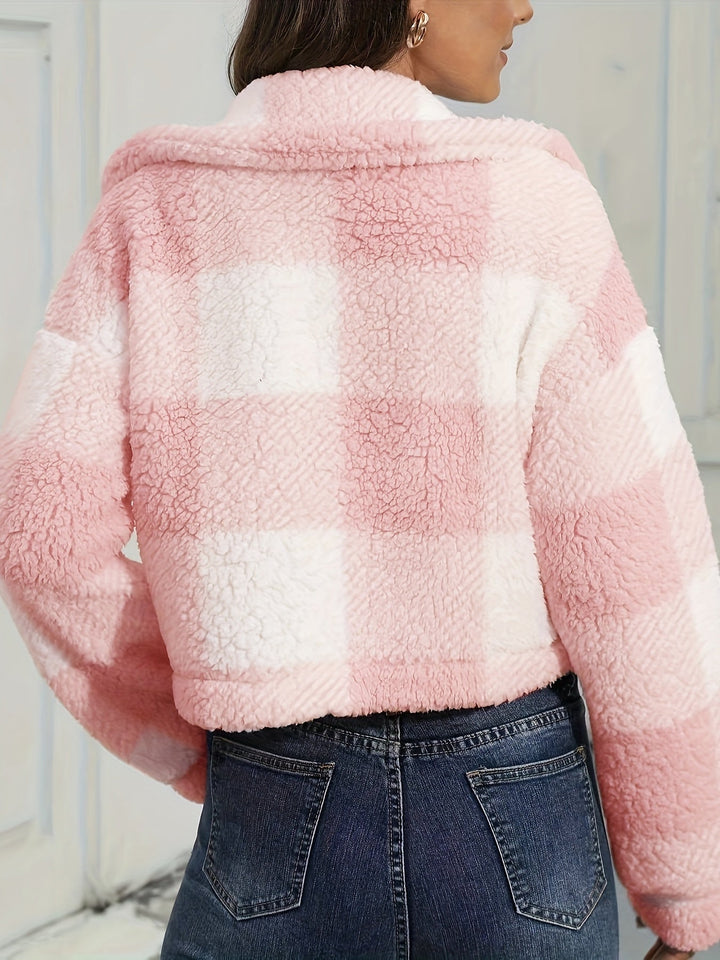 Sorvienne Relaxed Cropped Check Borg Jacket in Pink