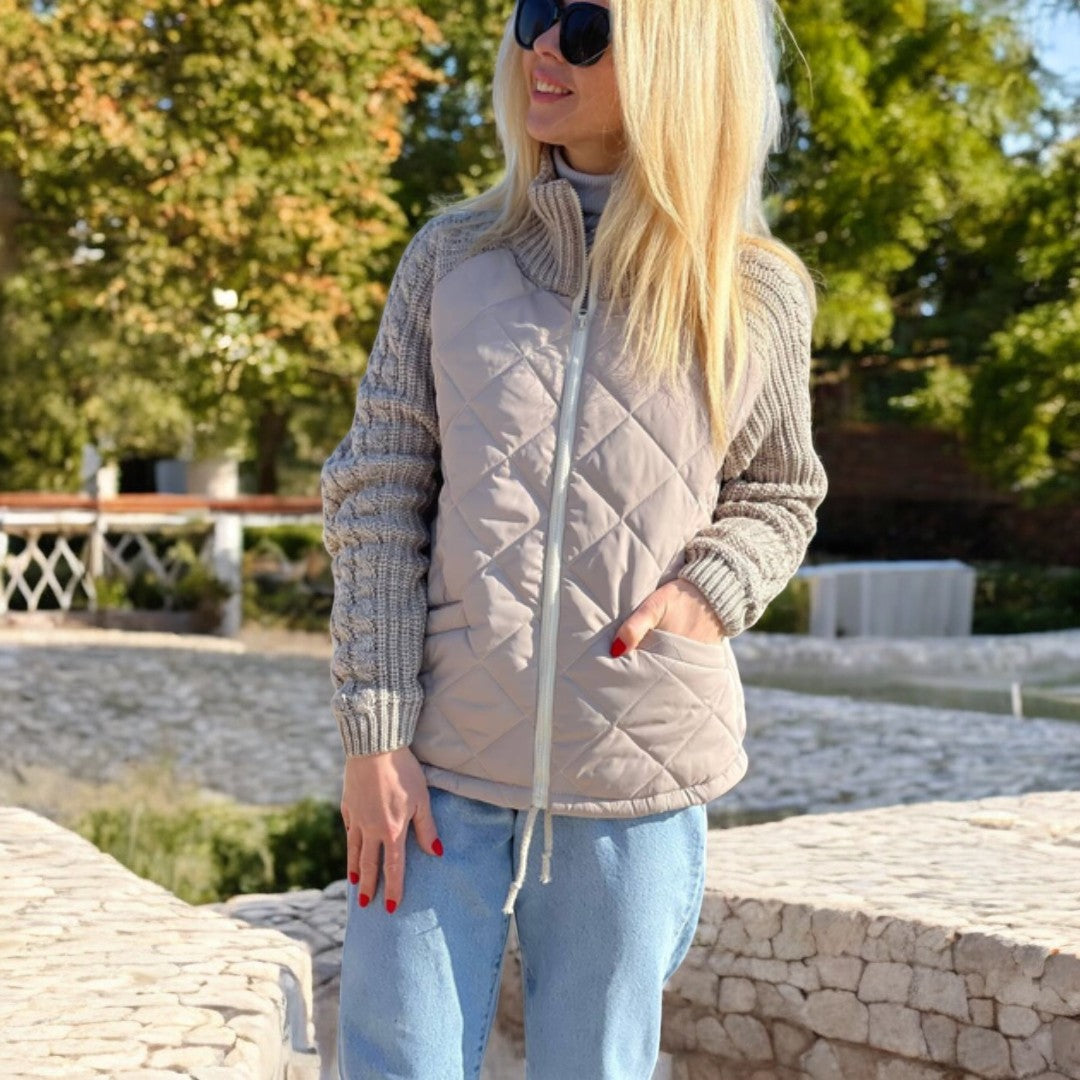 Sorvienne Relaxed Quilted Jacket with Knit Sleeves in Taupe