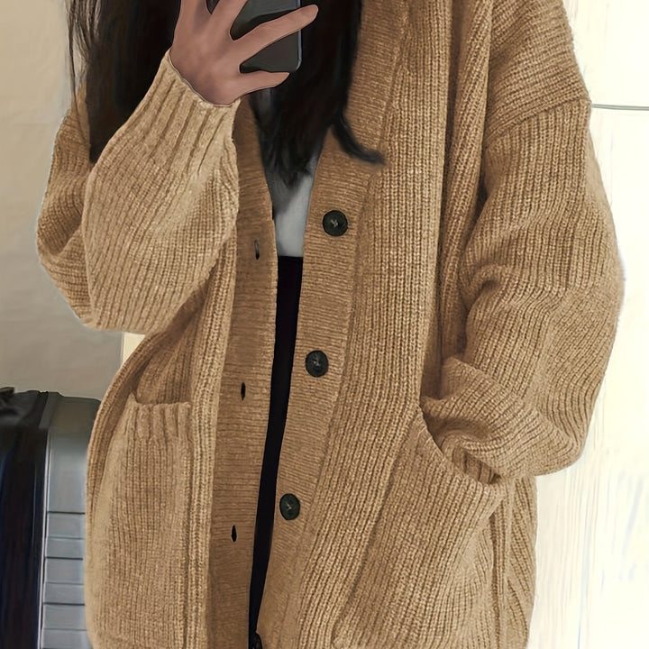 Sorvienne Oversized Cardigan with Deep Patch Pockets in Camel