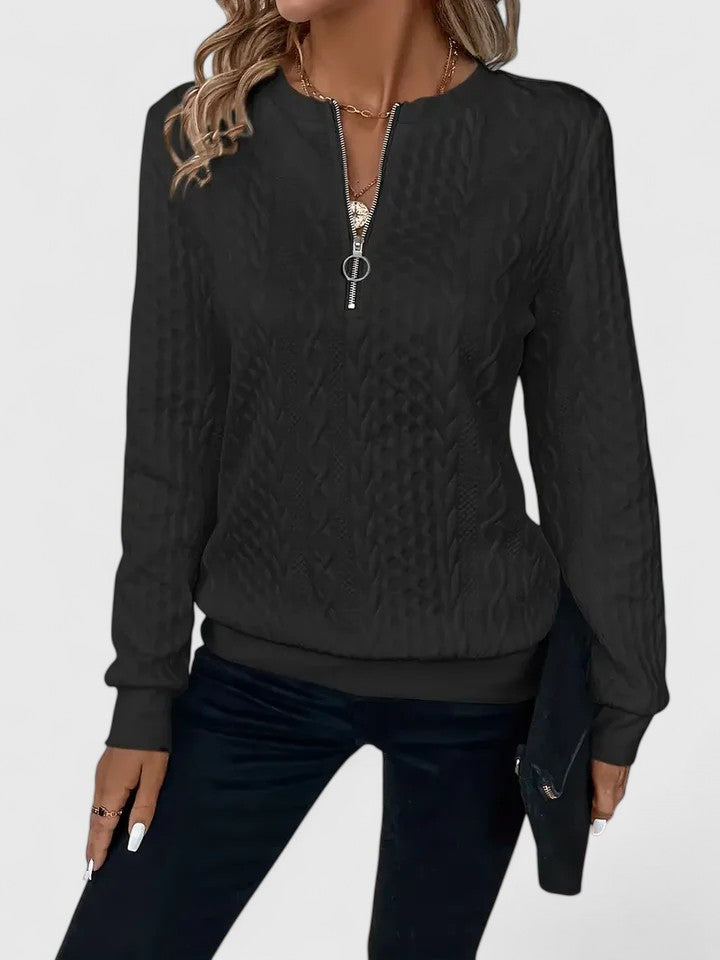 Sorvienne Relaxed Cable Texture Quarter Zip Jumper in Black