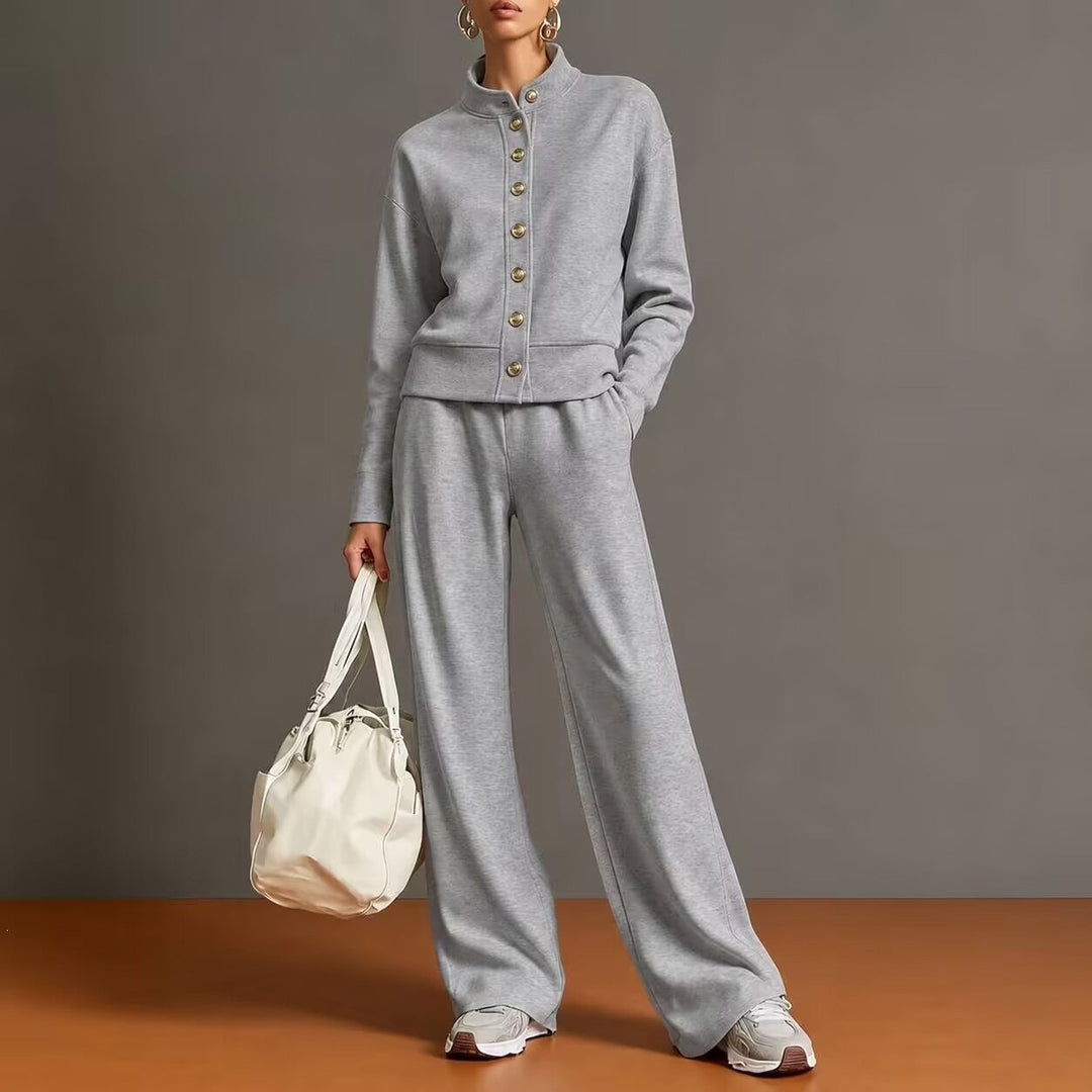 Sorvienne Relaxed Button Front Knitted Co Ord Set in Grey