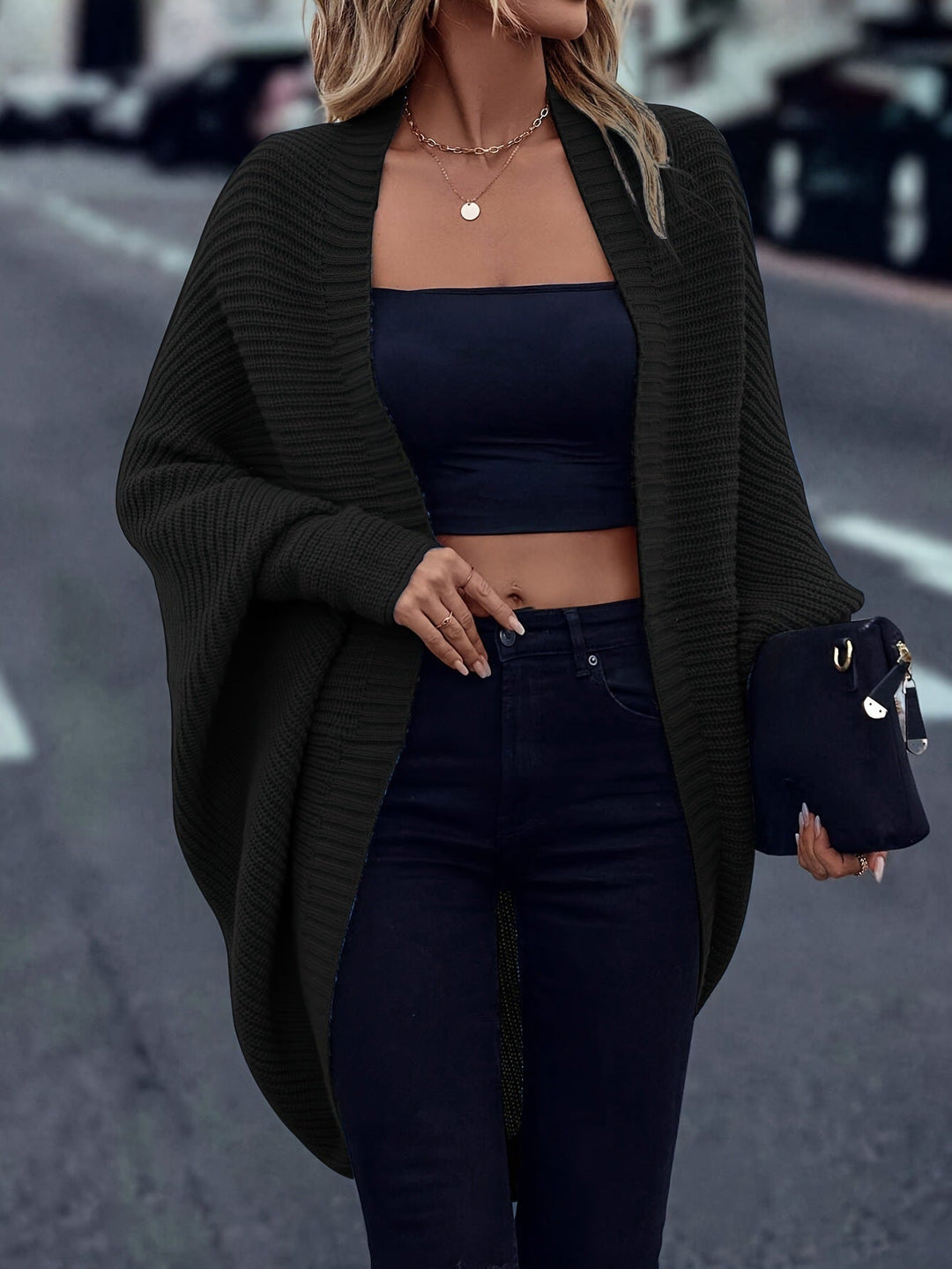Sorvienne Oversized Ribbed Open Front Batwing Cardigan in Black