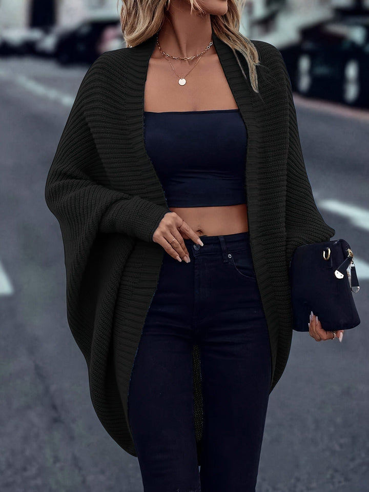 Sorvienne Oversized Ribbed Open Front Batwing Cardigan in Black