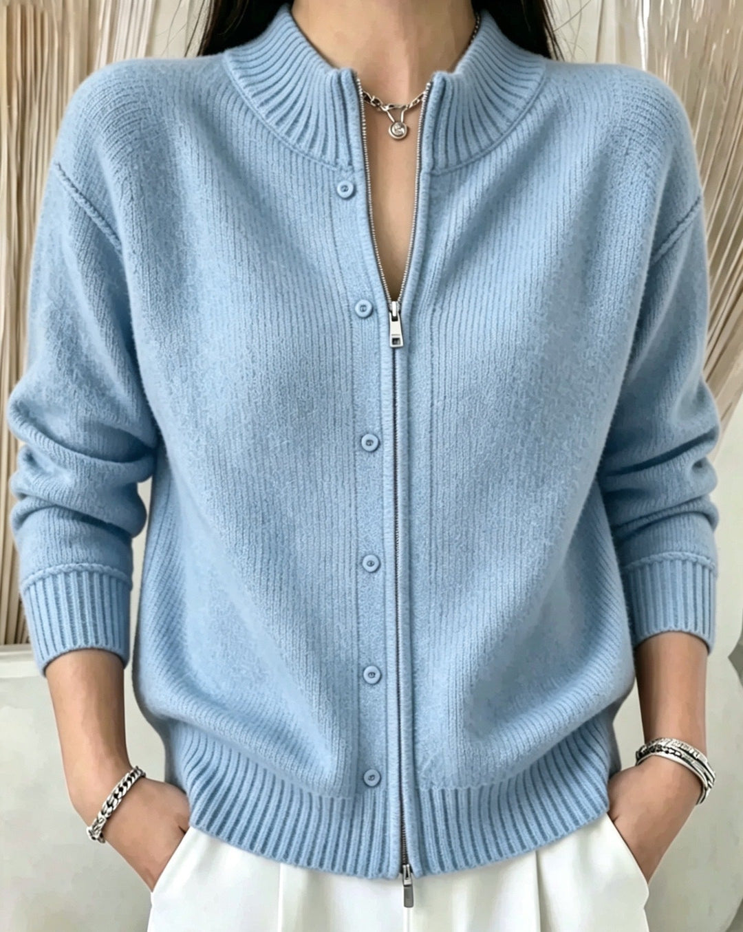Sorvienne Mock Neck Zip Through Cardigan in Light Blue