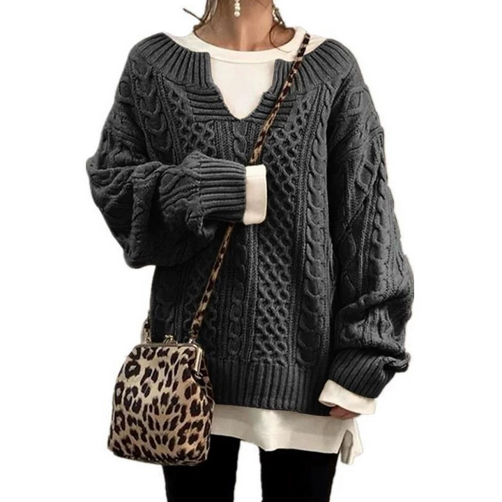 Sorvienne Oversized Notch Neck Cable Knit Jumper in Charcoal