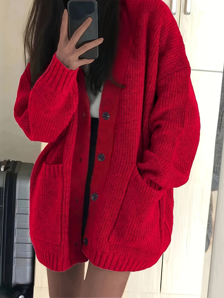 Sorvienne Oversized Cardigan with Deep Patch Pockets in Red