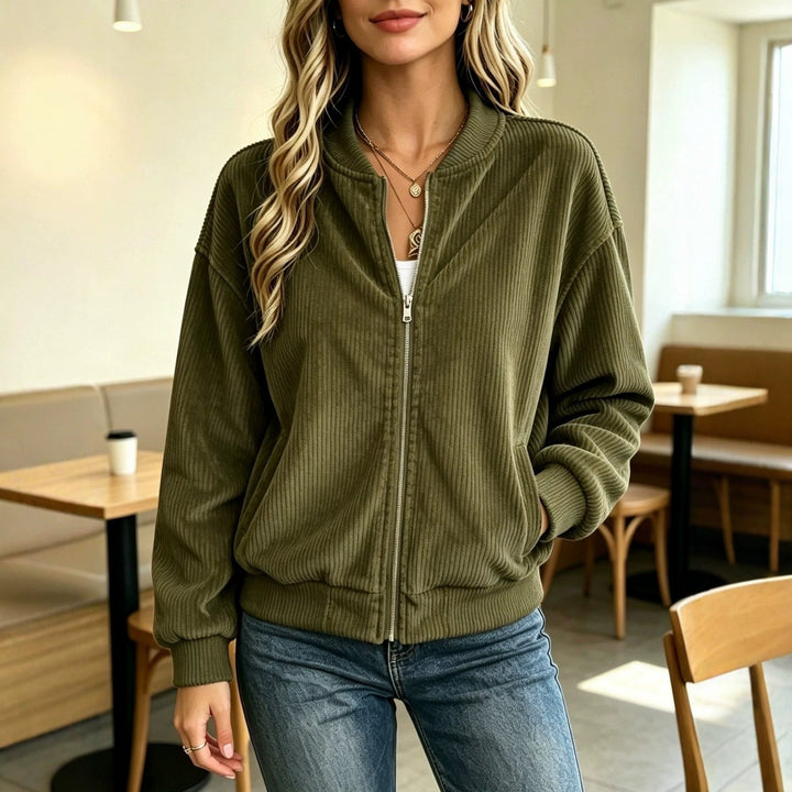 Sorvienne Relaxed Ribbed Cord Bomber Jacket in Olive