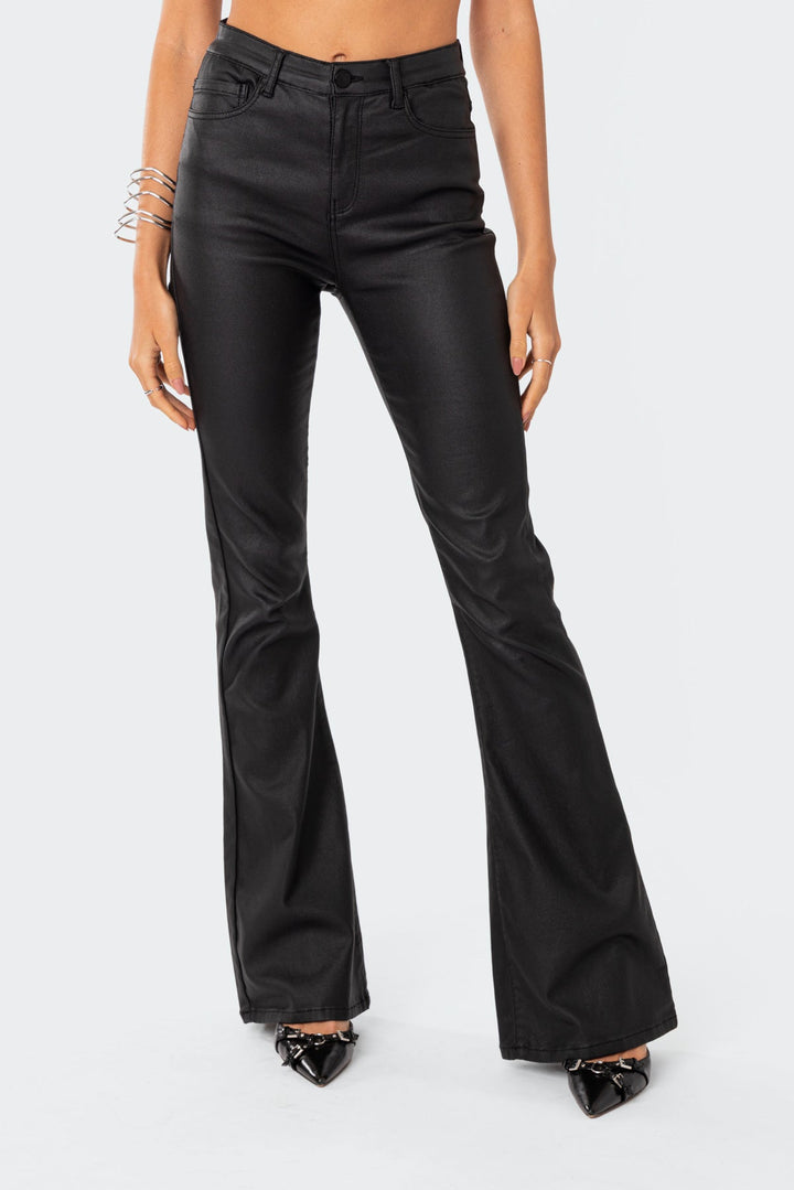 Sorvienne Slim Leather Look Flared Trousers in Black