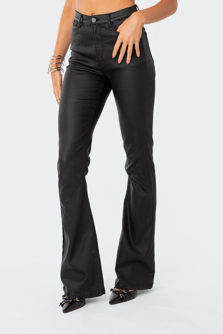 Sorvienne Slim Leather Look Flared Trousers in Black