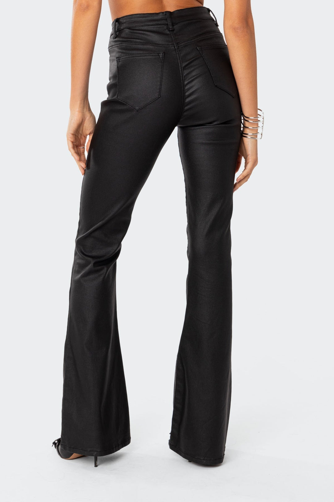 Sorvienne Slim Leather Look Flared Trousers in Black
