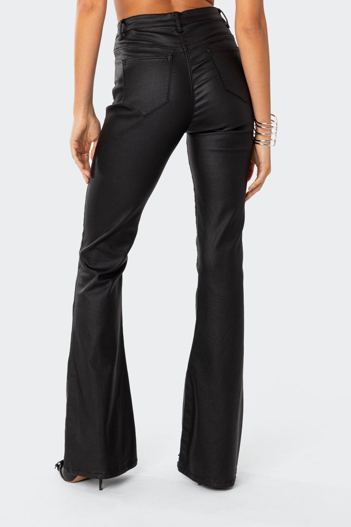 Sorvienne Slim Leather Look Flared Trousers in Black