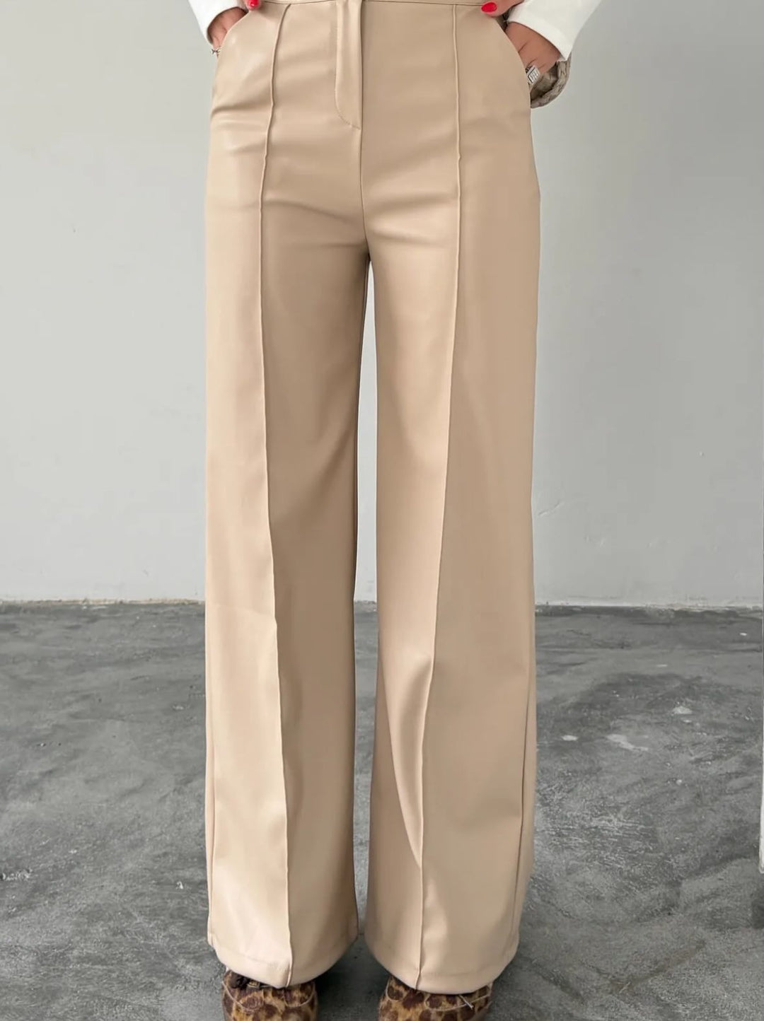 Sorvienne Tailored High Waisted Wide Leg Trousers in Beige