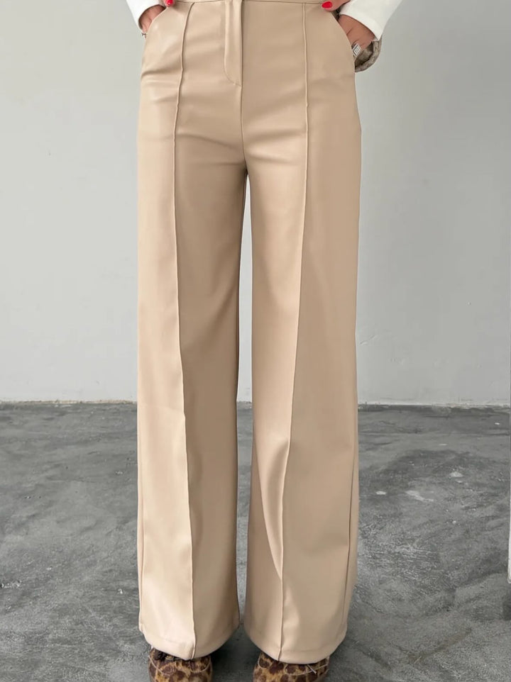 Sorvienne Tailored High Waisted Wide Leg Trousers in Beige