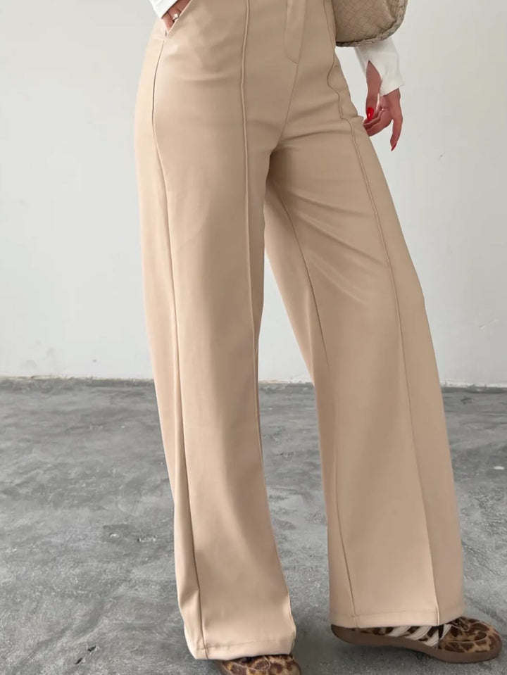 Sorvienne Tailored High Waisted Wide Leg Trousers in Beige