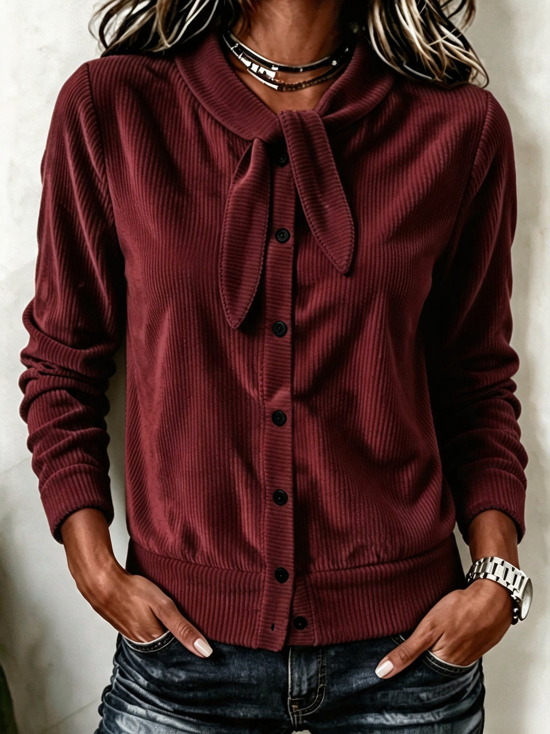 Sorvienne Slim Ribbed Tie Neck Cardigan in Burgundy