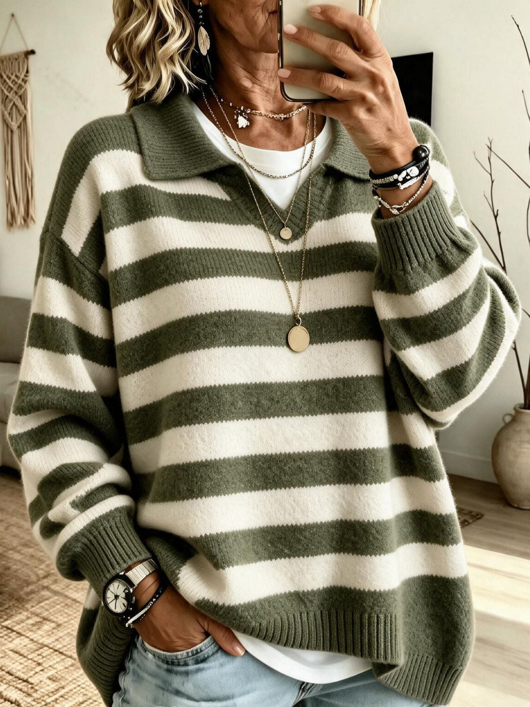 Sorvienne Relaxed Collared Striped Jumper in Olive Stripe