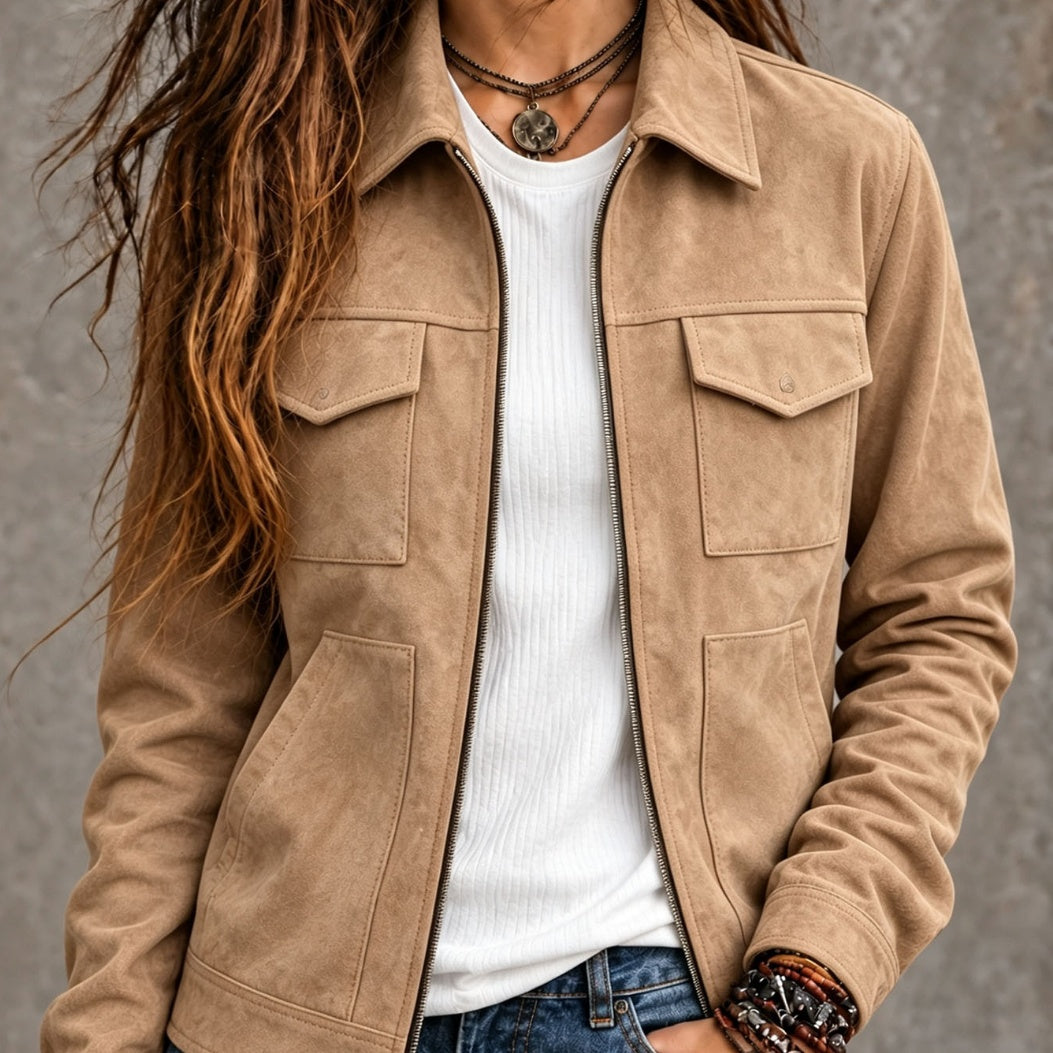 Sorvienne Relaxed Zip Front Suede Effect Jacket in Beige